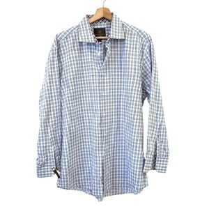 Tattersall London Mens XL Blue White Plaid Cotton Button Down Dress Shirt Career
